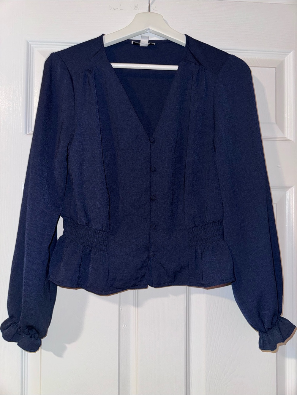 Topshop Navy V-Neck Button-Front Peplum Blouse